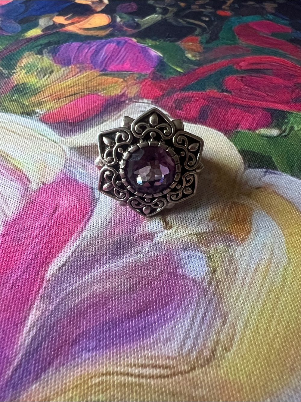 John Hardy Silver 925 Floral Amethyst Ring - Purple Gemstone Statement